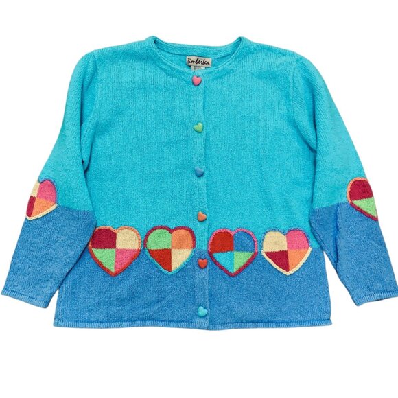 VTG Timberlea Women's XL Teal Cardigan Knitted Hearts Button Hearts Cottagecore - Picture 1 of 10